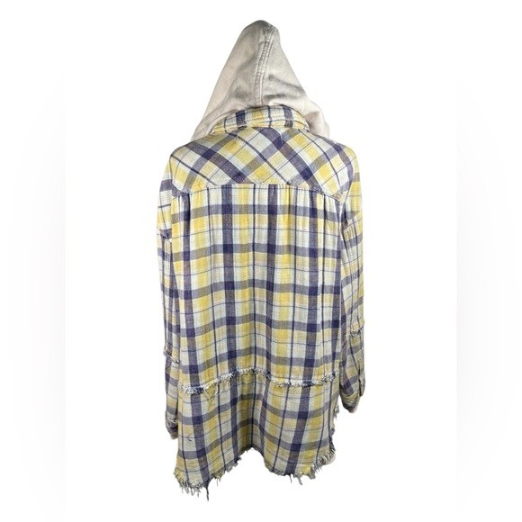 FREE PEOPLE Calico Basin Plaid Hooded Shacket Ivory Blue Combo Medium - Picture 6 of 14